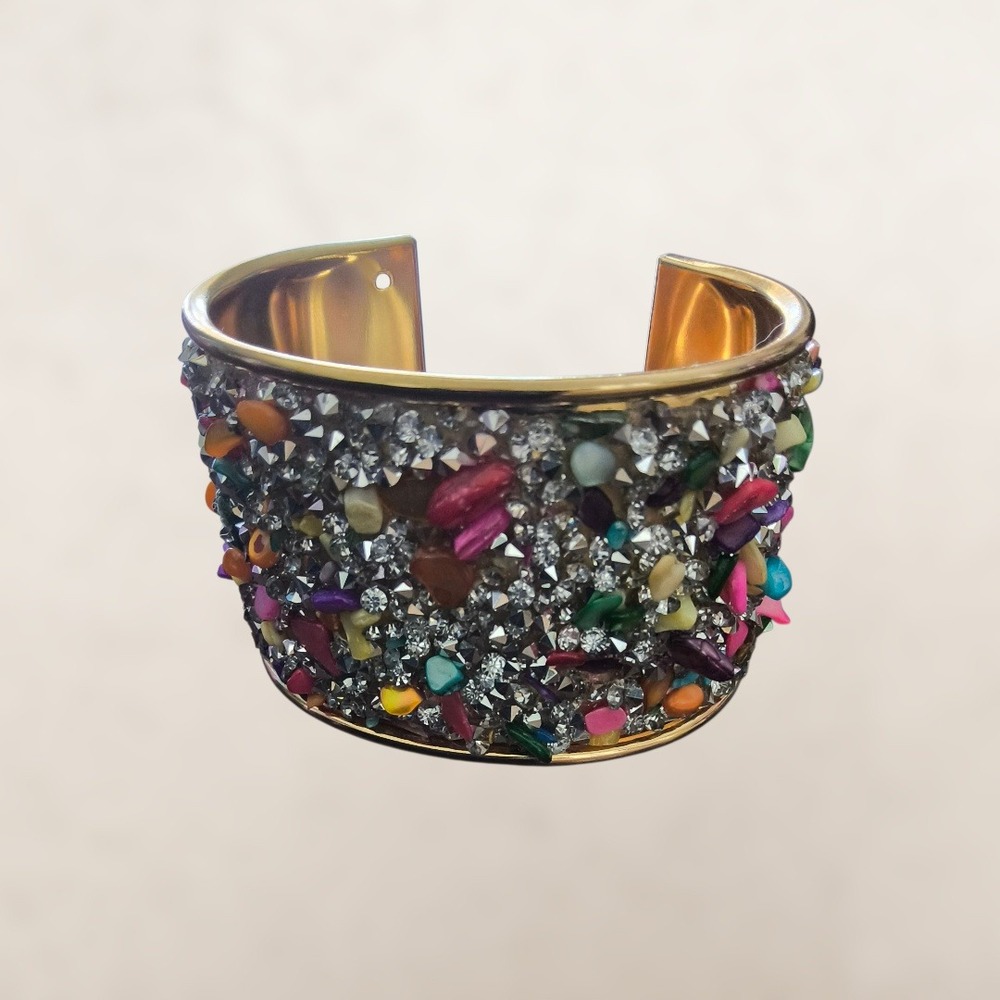 Statement Crystal and Multicolor Chip Cuff‎ Bracelet | Gold Tone Wide Bangle